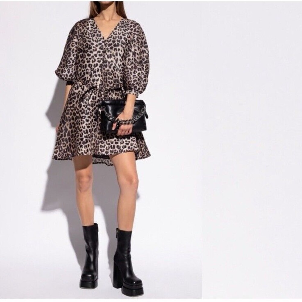All Saints Ilora Leppo Leopard Print Silk Linen Blend 3/4 Sleeve Mini Dr…